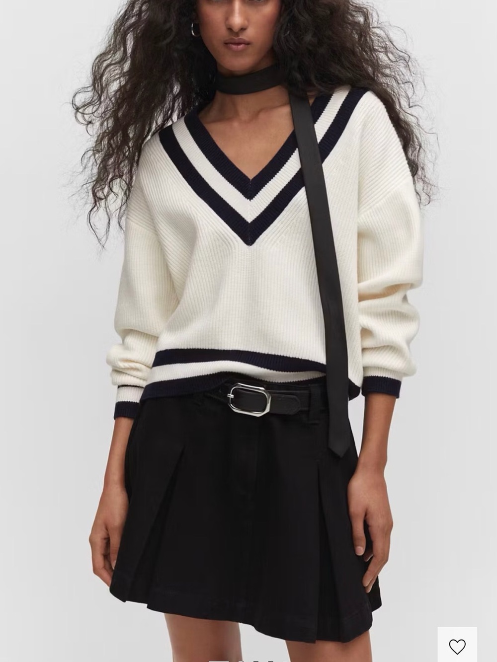 MANGO Cream V-Neck Sweater with Black Stripe Trim